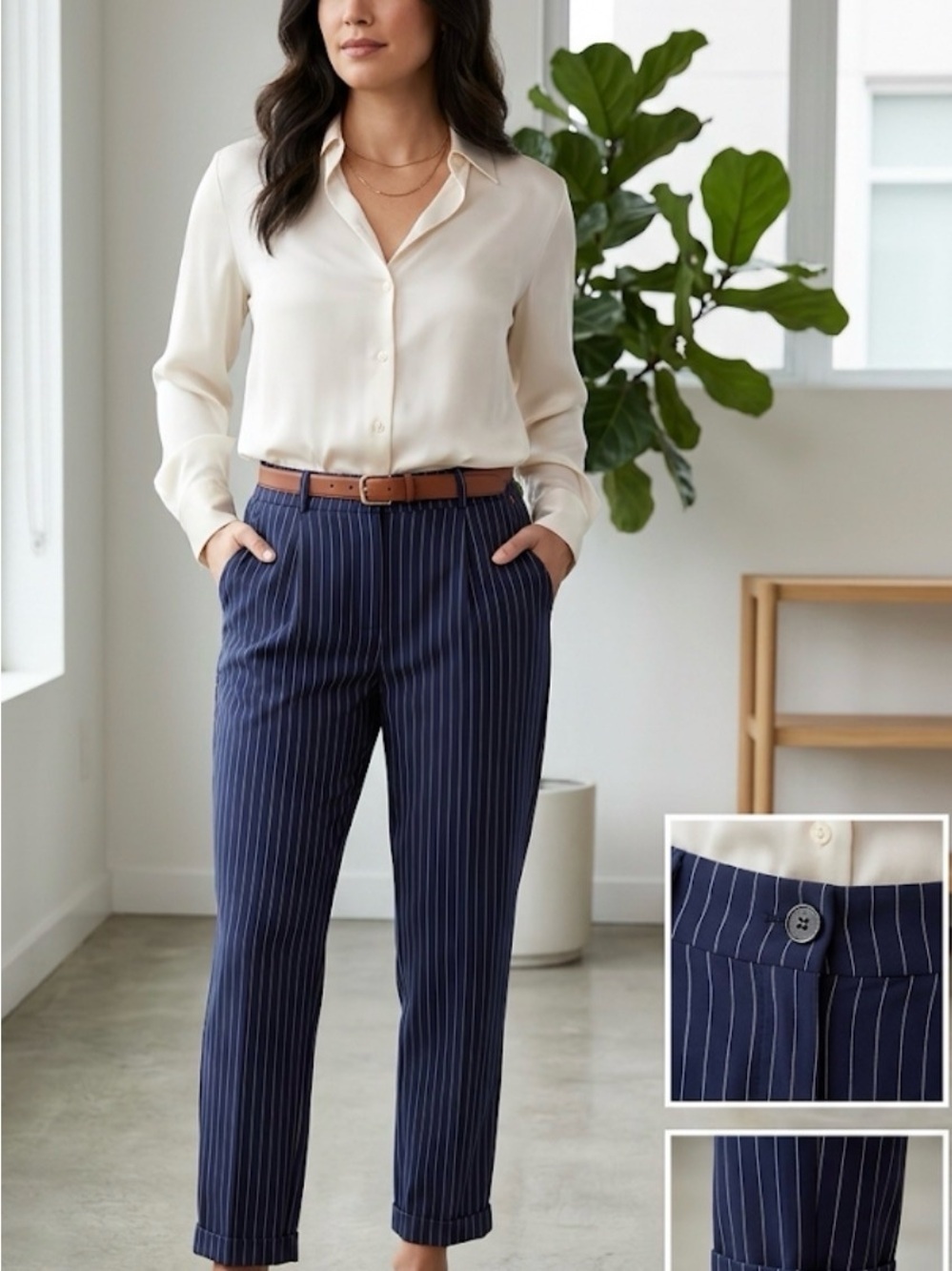 Pinstripe Navy Tailored Crop Trousers